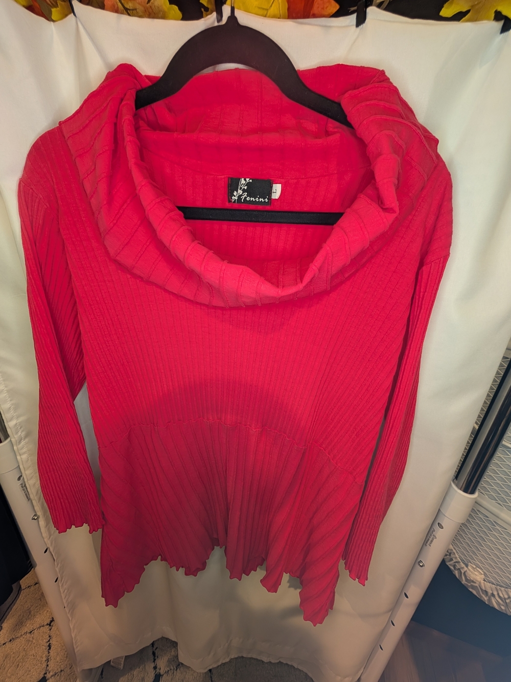 Fenini Pink Ribbed Cowl Neck Tunic Sweater Size L Asymmetric Hem Soft Knit